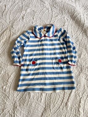 The Beaufort Bonnet Company Blue and White Striped Knit Dress with Red Trim